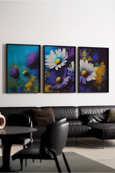 huhuli Ξύλινος Μαύρος Πλαίσιο Ελαιογραφίας με Λουλούδια, Σετ 3 τεμαχίων Huhu223