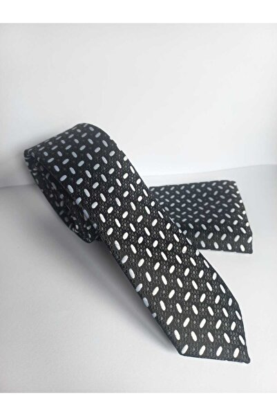 Kravatistan Black Patterned Thin Tie and Handkerchief Set