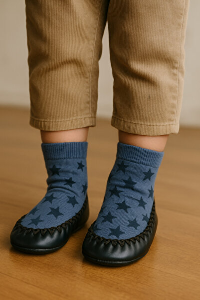 Katia&Bony Children's Star Patterned Moccasin Socks Booties Slippers – Non-Slip Home & Kindergarten Shoes Navy Blue