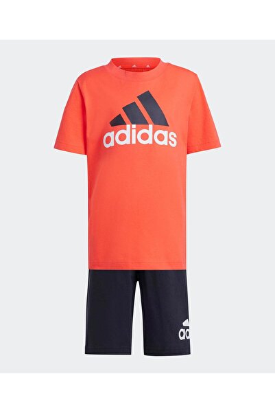 adidas Cotton Logo Graphic Short Sleeves T-Shirt & Shorts Set - Bright Red & Black
