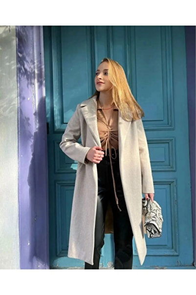 beeke Cream Coat with Belt, Pockets, Knee Length, Long Cashmere Winter Women's Coat-8
