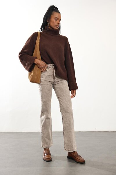 5in1Canpolat Yıkamalı Kahve Likralı Straight Jean RM1013