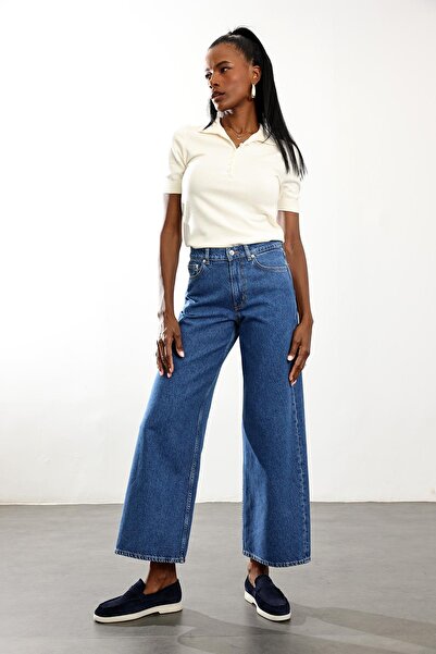 5in1Canpolat Blugi albastru talie înaltă Lyocell croi larg pe picior