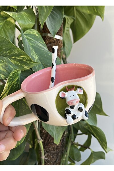 visera Gift Ceramic Mug with Cow Figure (Black) + Spoon in the Shape of a Cow Pattern as a Gift