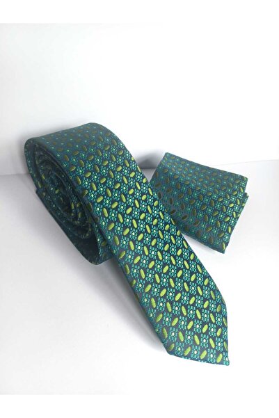 Kravatistan Green Patterned Thin Tie and Handkerchief Set