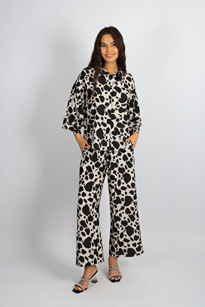 Modax Markano Black Patterned Stand Collar Pocketed Shirt Pants Set