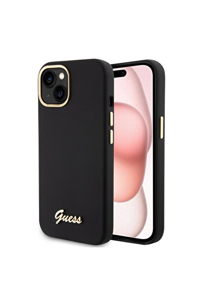 Guess Θήκη για iPhone 15, Μεταλλικό λογότυπο και πλαίσιο σιλικόνης με γραφή - Μαύρη