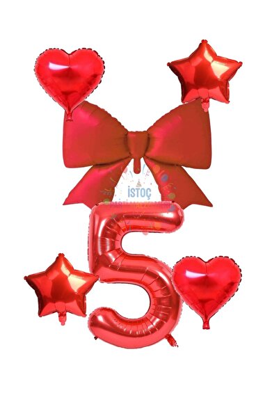 İSTOÇ PARTİ Red Color Heart Star Bow Number Foil Balloon Set Age 5