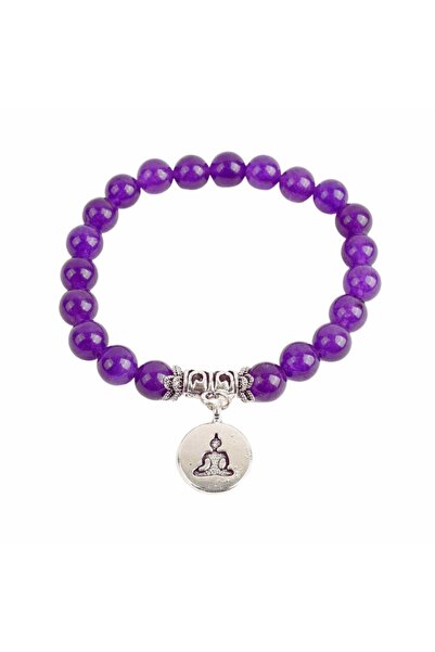 craftmystic Brățară Zen cu cristale semiprețioase de ametist de 8 mm și pandantiv din argint gravat cu Buddha Feng