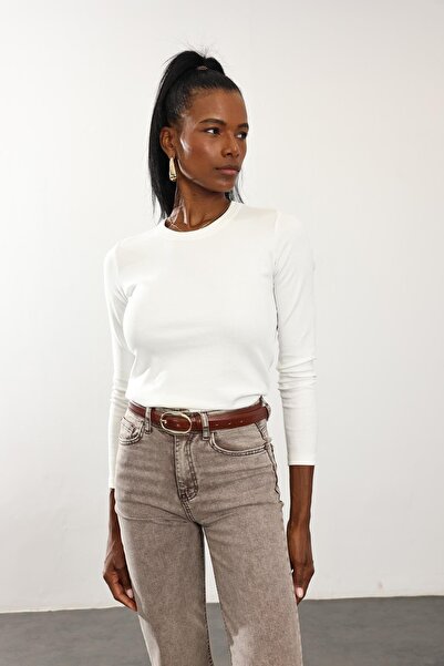 5in1Canpolat Ecru Fit Basic Long Sleeve T-Shirt