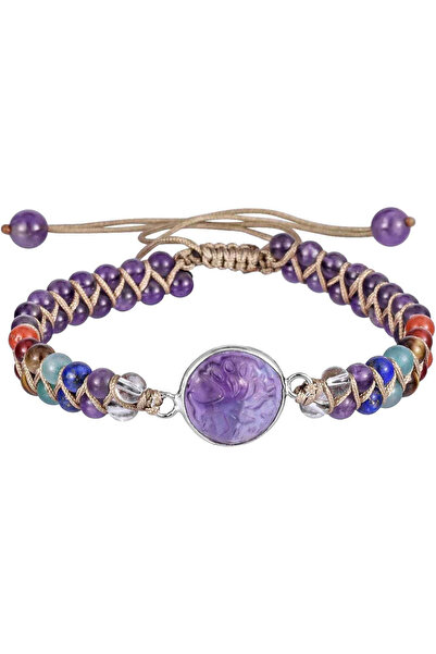 craftmystic Brățară reglabilă manuală din pietre semiprețioase de 4 mm cu mărgele pentru cele 7 chakre și ametist