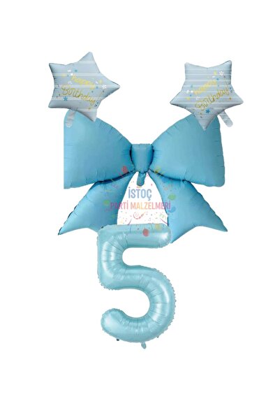 İSTOÇ PARTİ Blue Color Star Bow Number Foil Balloon Set Age 5