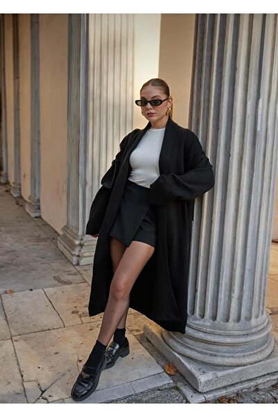 DAĞON'S DGN'S ŞAL YAKA KADIN TRİKO UZUN HIRKA SİYAH-ANTRASİT