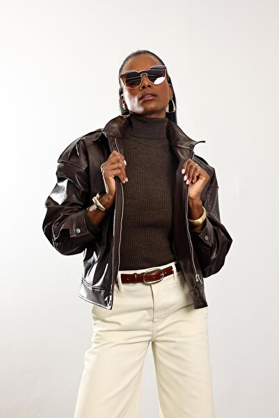 5in1Canpolat Brown Leather Bomber Jacket 0618