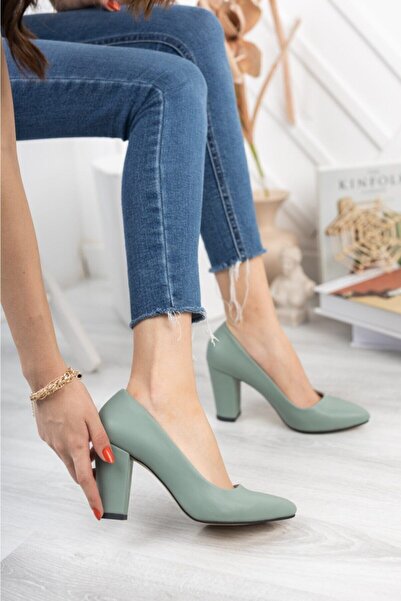 Nirvana Pantofi cu toc înalt și gros pentru femei, piele verde