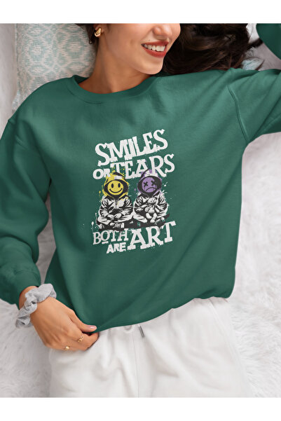 MAGORS Smiles or Tears Printed Cotton Long Sleeve Ribbed 3-Ply Circular Neck Sweatshirt