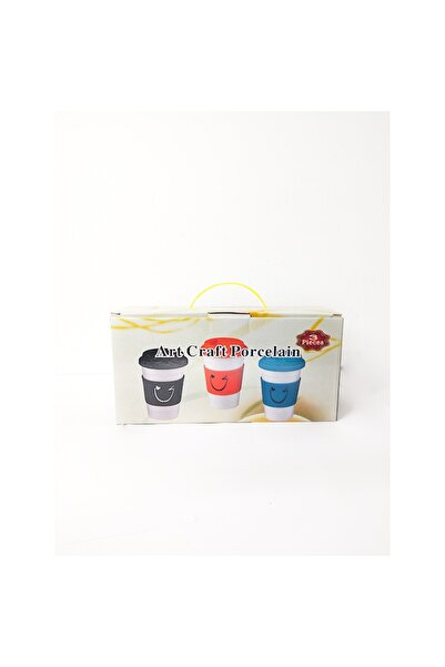 ArtCraft Design Set 3 căni ceramice cu capac din silicon, imprimeu Smiley Face, husă din silicon, 400 ml, 9x12 cm