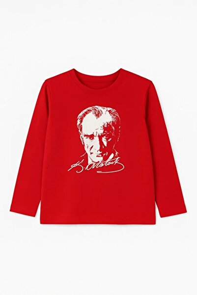Notte Rossa Children's Red Long Sleeve Ataturk Printed T-Shirt - 100% Cotton