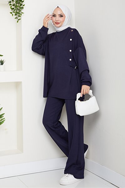 Bestenur Snap Detailed Double Suit 1624 - Navy Blue