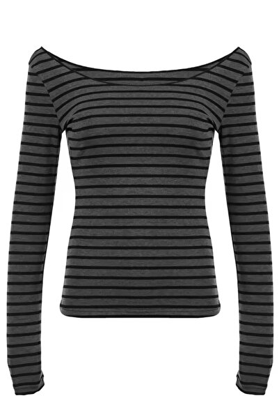 Köstebek New Season Black Striped Madonna Collar Gray Blouse