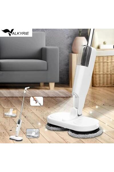 valkyrie Şarjlı Su Püskürtmeli Elektrikli Mop – Çift Döner Başlık, Mikrofiber Ped, 2000 mAh, Tüm Zem