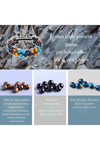 craftmystic Bratara energetica cu tripla protectie, realizata din pietre semipretioase Obsidian, Ochi de tigru