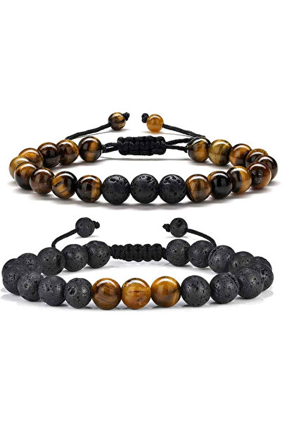 craftmystic Set de 2 brățări reglabile din piatră ochi de tigru și piatră vulcanică neagră 8mm - Vindecare