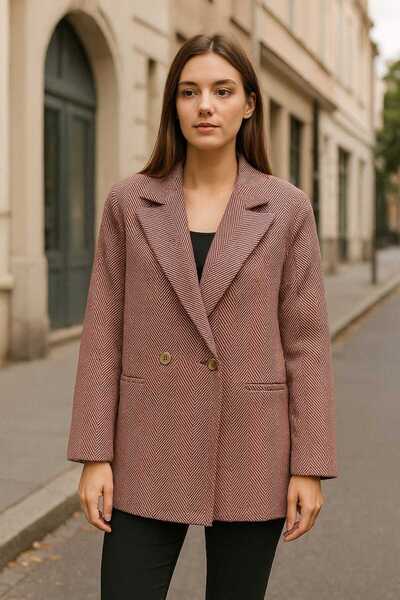 ECK MODA Γυναικείο παλτό με σχέδιο ψαροκόκαλο, μοντέλο oversize με επένδυση και εσωτερική τσέπη