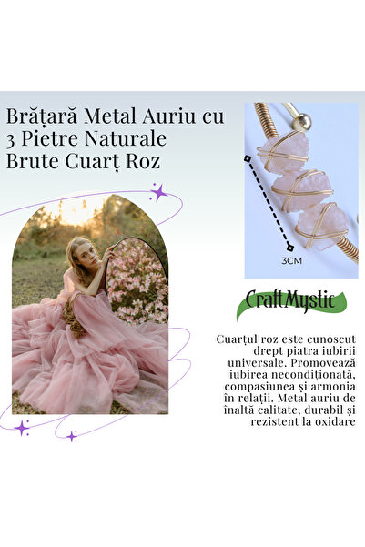 craftmystic Brățară aurie cu 3 pietre de cuarț roz - Iubire și armonie