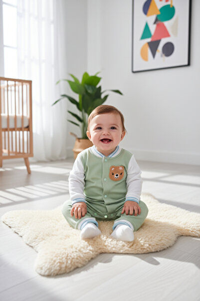 zubi baby & kids wear بذلة أطفال خضراء بياقة كلية مع تفاصيل تطريز على شكل دمي...