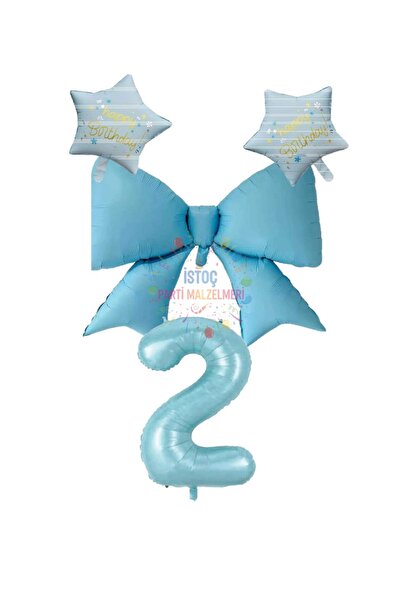 İSTOÇ PARTİ Blue Color Star Bow Number Foil Balloon Set 2 Years Old
