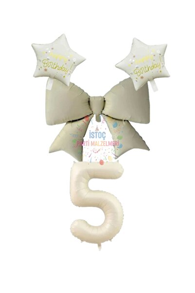 İSTOÇ PARTİ Cream Color Star Bow Number Foil Balloon Set Age 4