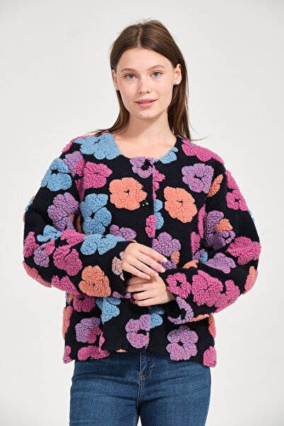 MSW Women's Floral Embossed Regular Fit Buttoned Lined Crew Neck Coat