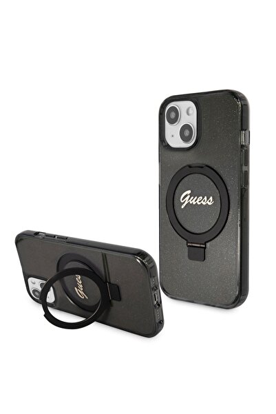 Guess Carcasă pentru iPhone 15, cu suport inelar și sclipici - Negru