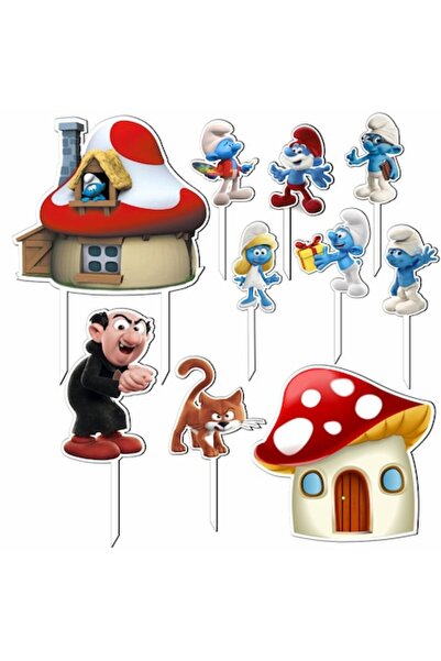 OEM Set 10 Decoruri pentru Tort Ștrumfi, Lemn MDF, Reutilizabile, Multicolore...