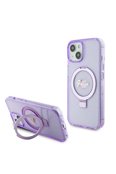 Guess Carcasă pentru iPhone 15 Plus, cu suport inelar și sclipici - Violet