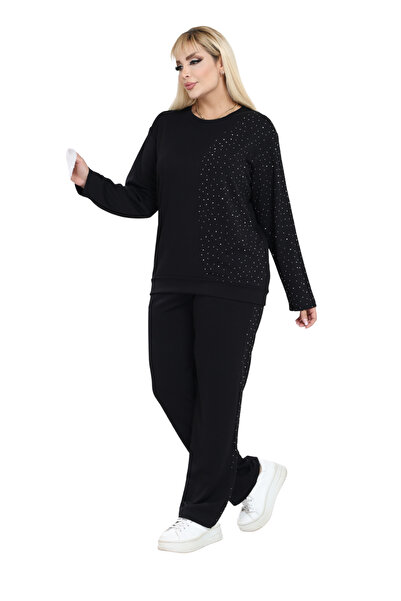 MELSAY Дамски комплект спортен екип с черни камъни и половин подгъв от модал, голям размер