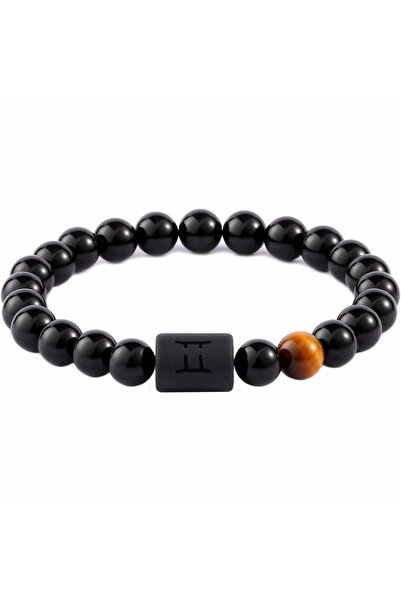 craftmystic Brățară Gemeni cu pietre prețioase de 8 mm, obsidian și ochi de tigru de 8 mm pentru bărbați