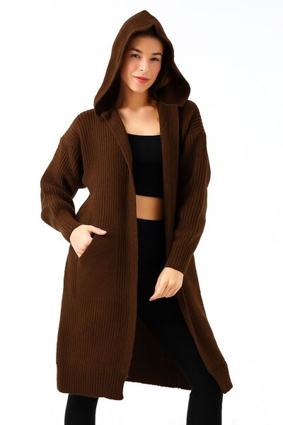 Devinka Kadın Kahverengi Kapşonlu Oversize Salaş Uzun Cepli Triko Hırka DVKA-0699