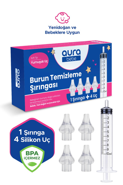 Aura Bebe Bebek Burun Yıkama Enjektörü Şırınga ve 4 Adet Silikon Yedek Uç
