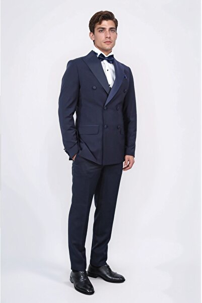 Velvarde Kruvaze Pointed Collar Groom's Suit Navy Blue