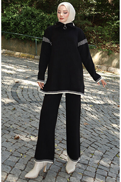 sefamerve Knitwear Zipper Collar Tunic Trousers Double Set 1061-04 Black