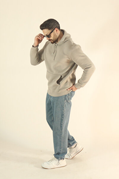 EydaMoon Men's Basic Winter Fleece-Lined Sweatshirt - Stone Regular Kangaroo Pocket Hoodie