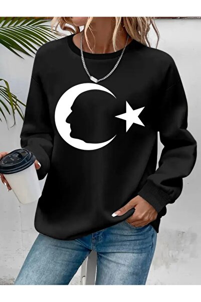 CLASİVA سويت شيرت كبير الحجم مطبوع عليه علم وعلم أتاتورك بتصميم خاص للجنسين