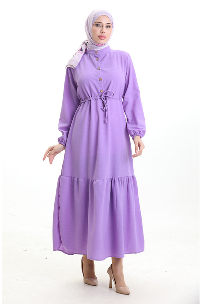 sefamerve Beli Lace-Up Half Button Dress 0182-08 Lilac