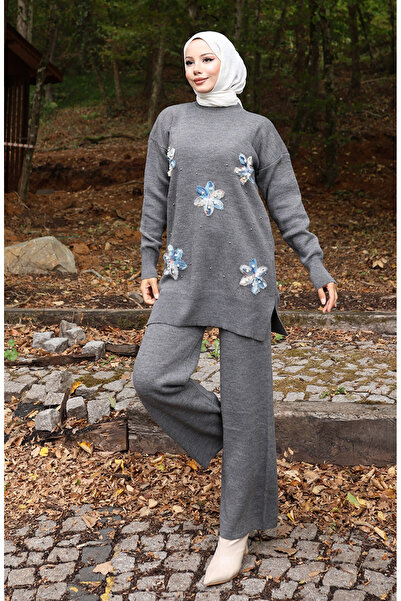 sefamerve Knitwear Floral Detailed Tunic Trousers Double Set 1006-08 Gray