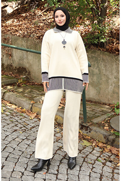 sefamerve Knitwear Stripe Detailed Tunic Trousers Double Set 1066-02 Beige