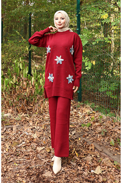 sefamerve Knitwear Floral Detailed Tunic Trousers Double Set 1006-07 Claret Red