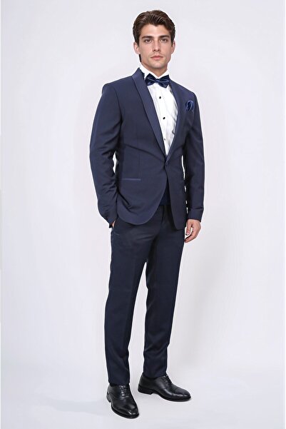 Velvarde Slim Fit Shawl Collar Navy Blue Wool Groom Suit