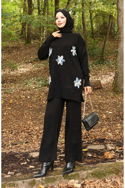 sefamerve Knitwear Floral Detailed Tunic Trousers Double Set 1006-09 Black